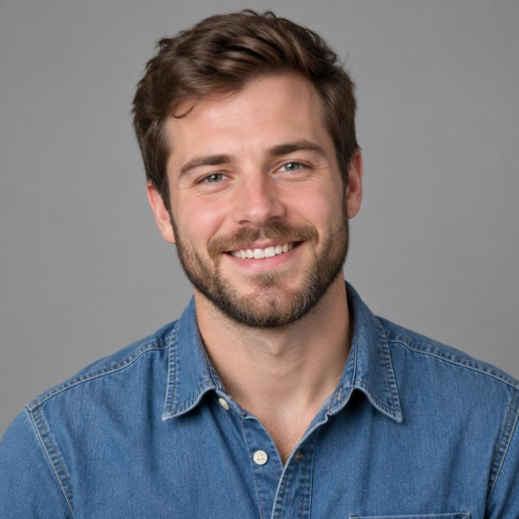 Young man with beard smiling in studio portrait